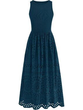Women's Dress Maxi Dark Cyan Crew Neck Short Sleeveles Pockets A Line Summer